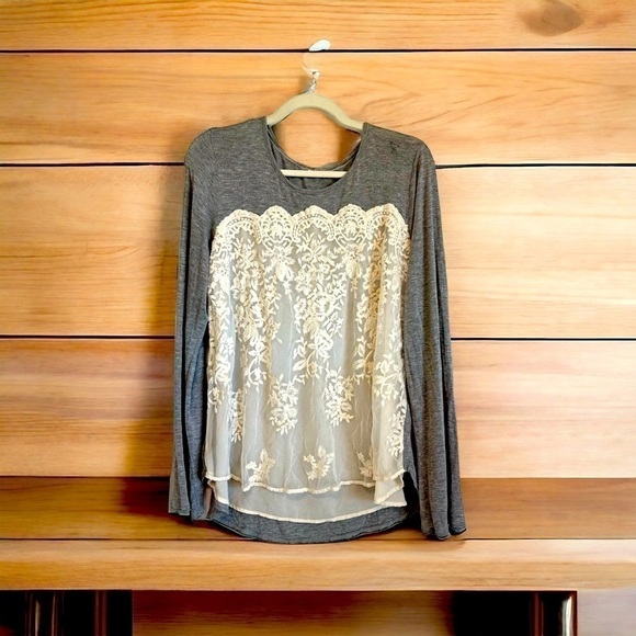 Grey long sleeve top cream lace sheer front, slightly flared sleeves, size L - Picture 1 of 9